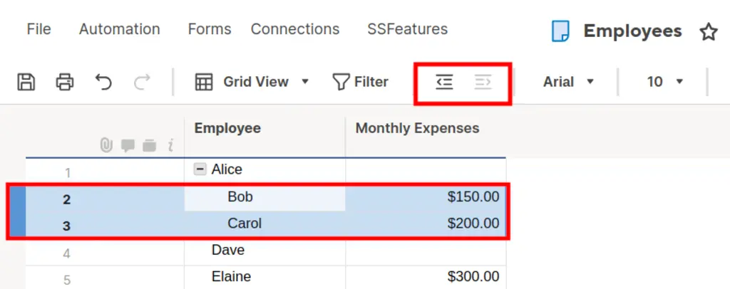 Example of a parent row with two children rows