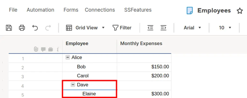 Example of an ancestor, parent, and child row