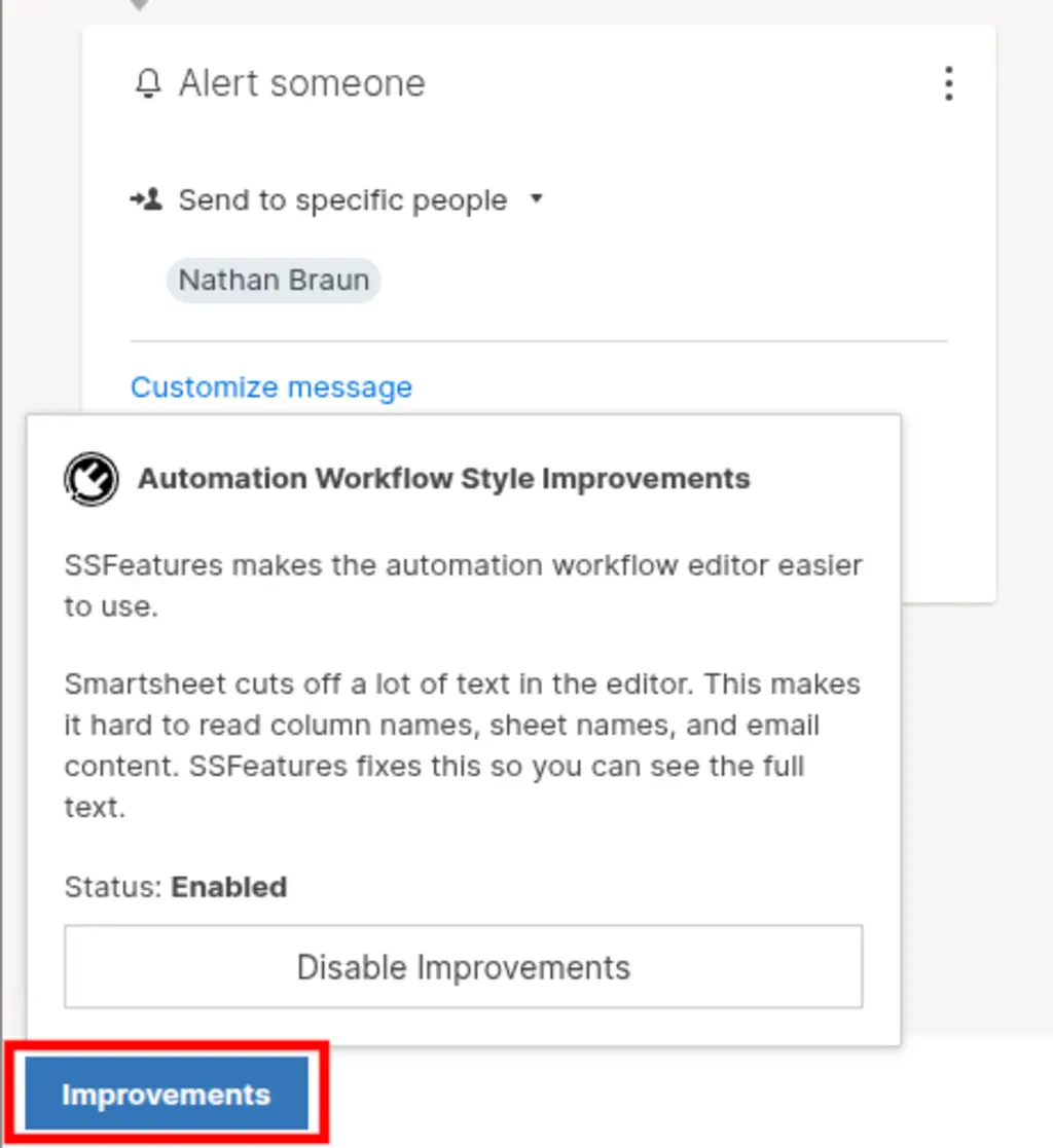 SSFeatures tooltip showing the toggle button for automation workflow style
improvements