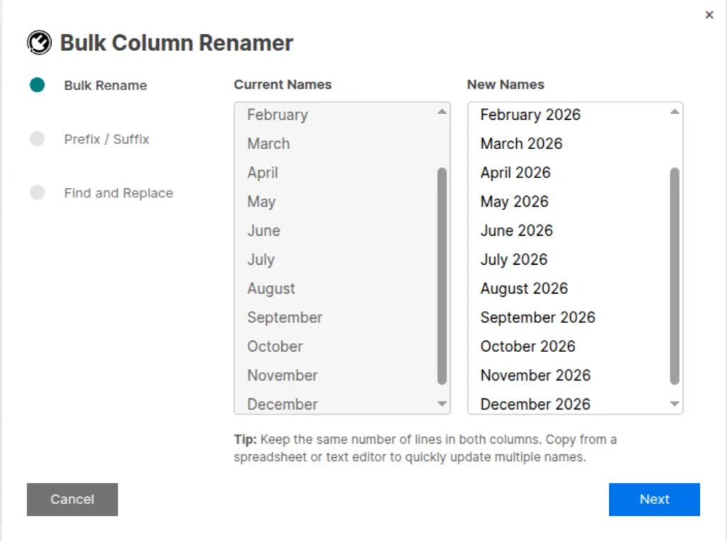 Bulk Rename mode showing all column names ready to edit