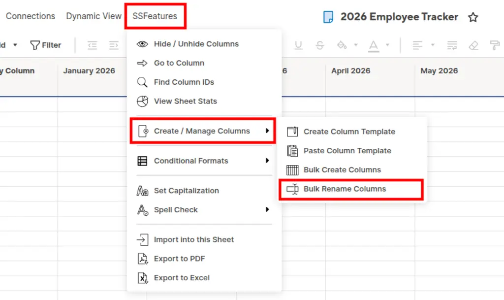 Bulk Column Renamer button in the SSFeatures menu