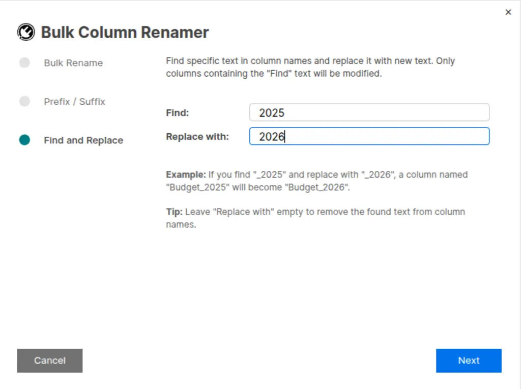 Find and Replace mode with search and replace text fields