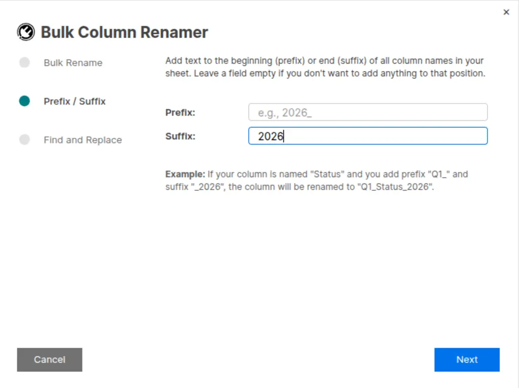 Add Prefix/Suffix mode with text fields for prefix and suffix