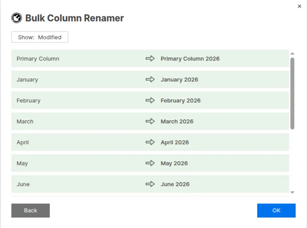 Preview showing original and new column names before renaming
