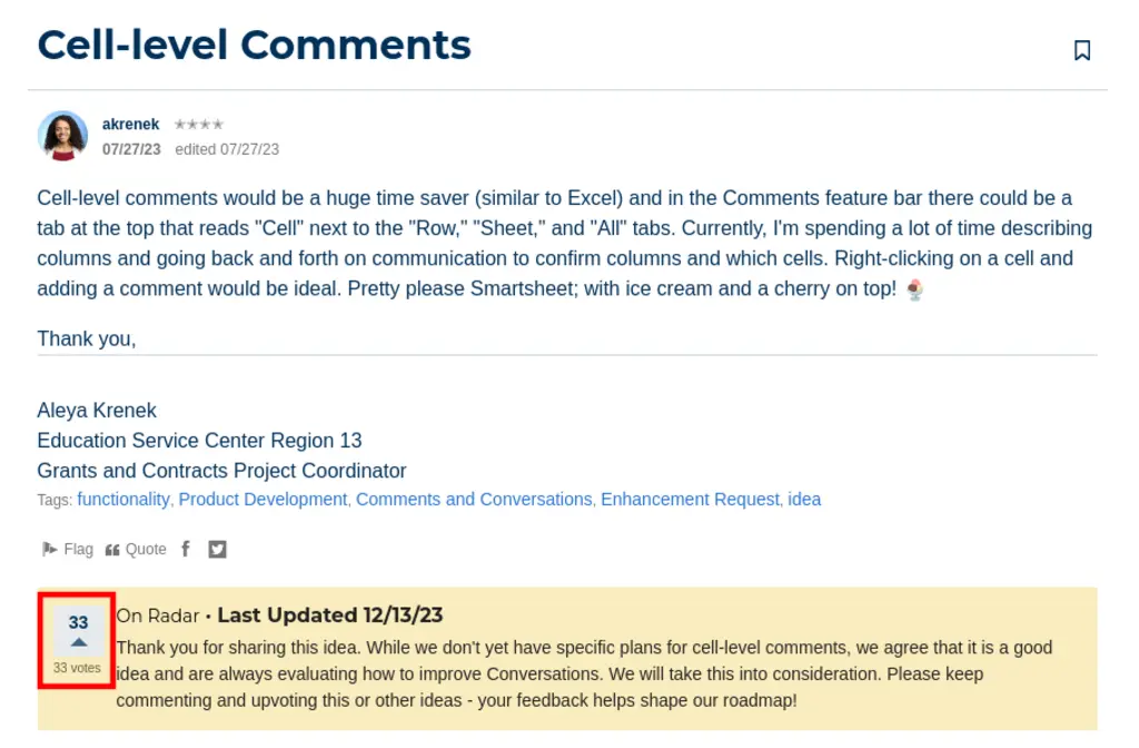 Upvote button in the cell-level comments feature request