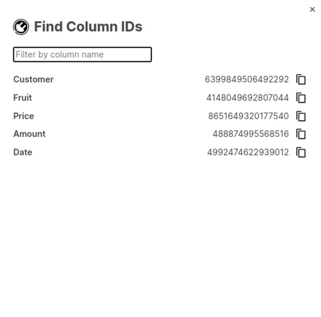 Find column IDs popup