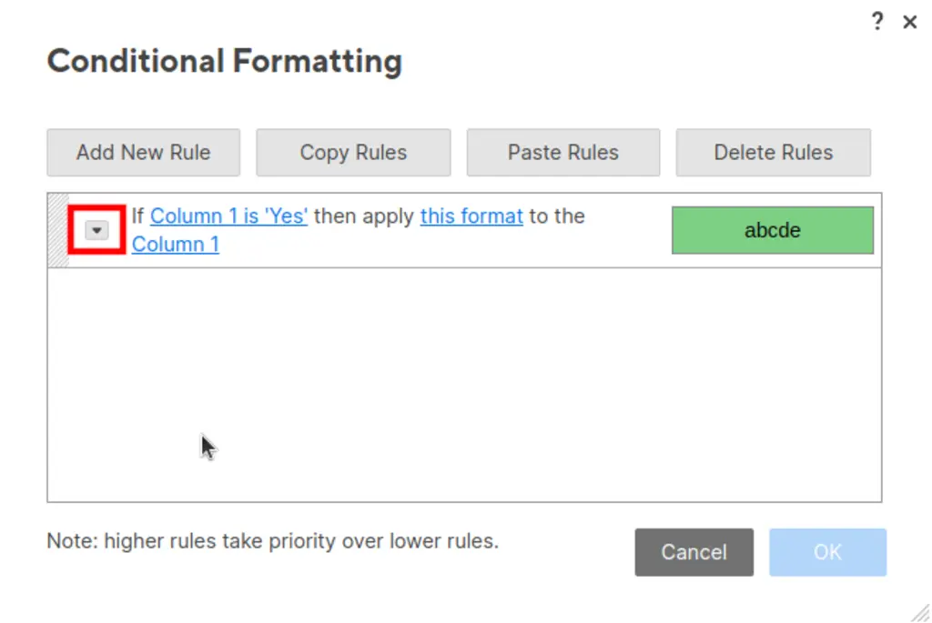 Conditional format rule arrow button