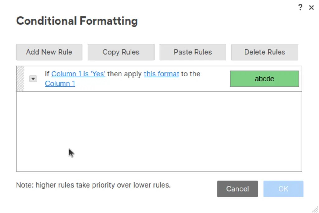 Example conditional format rule