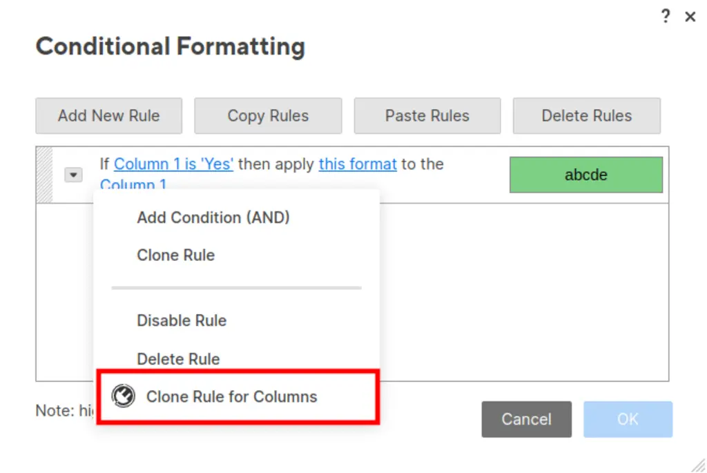 Conditional format clone rule for columns button