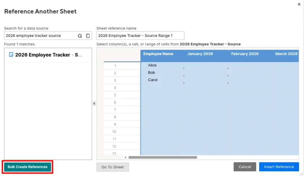 Bulk Create References button in the Cross-Sheet References popup