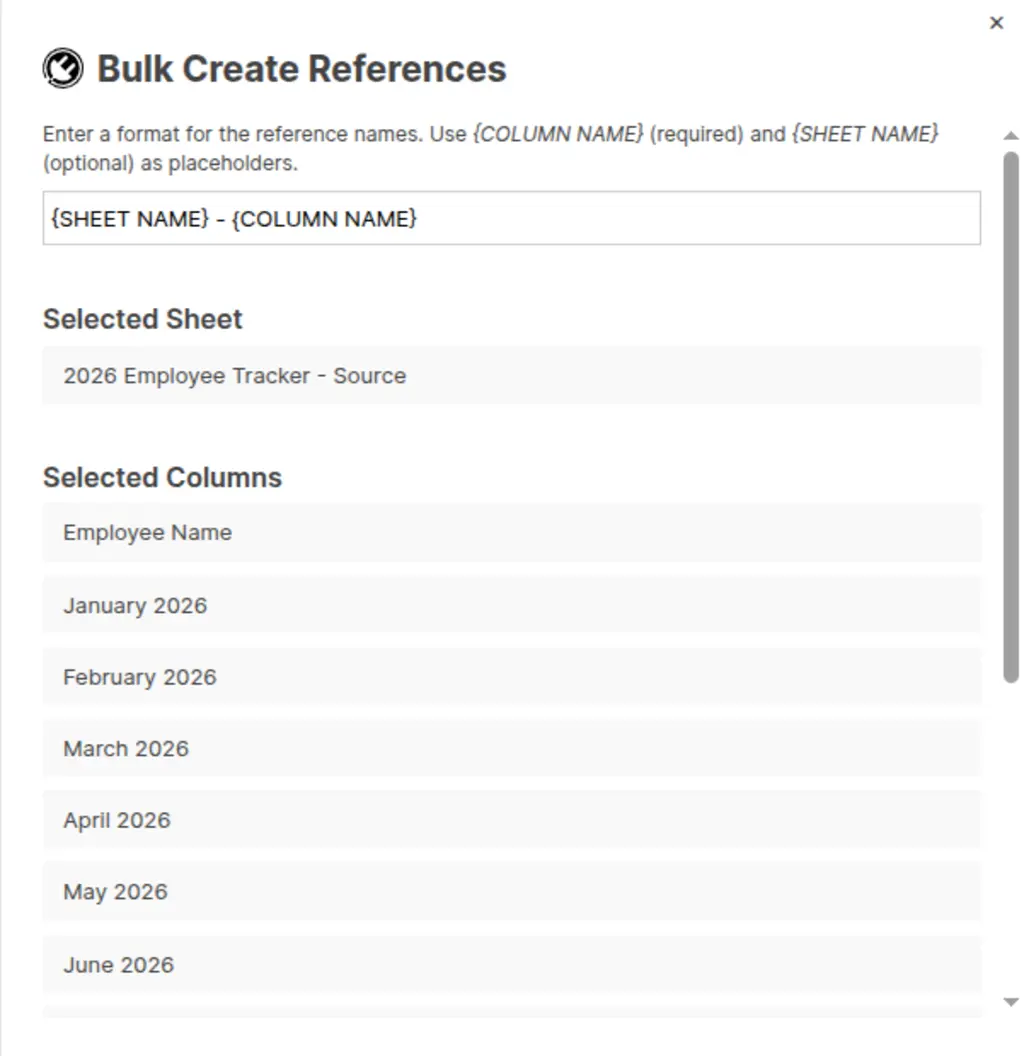 Format input field with SHEET NAME and COLUMN NAME placeholders