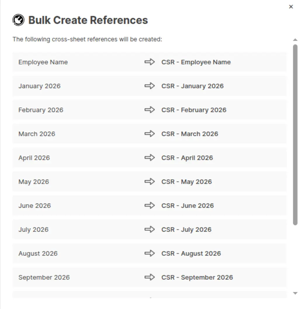 Preview showing all cross-sheet references that will be created