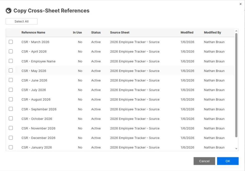 Copy Cross-Sheet References popup showing a table of all references