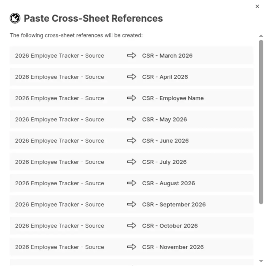 Paste Cross-Sheet References popup showing preview of references to create