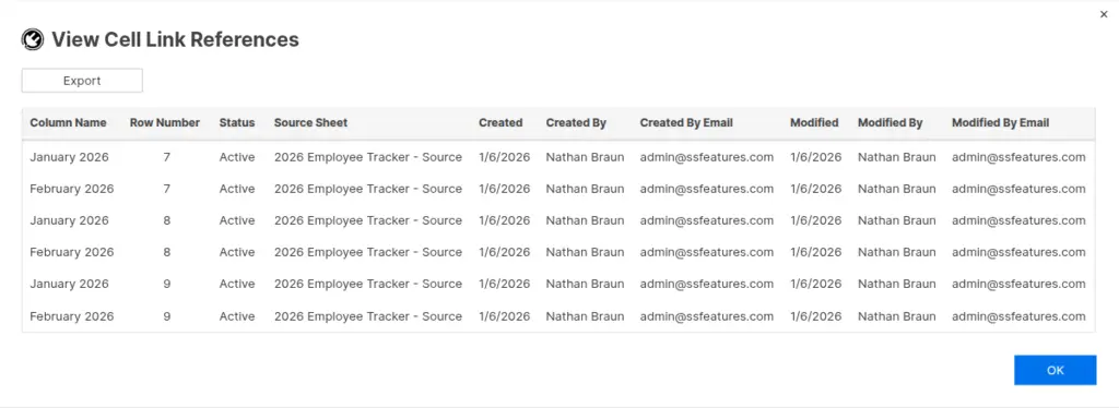 View Cell Links popup showing cell link details in a table