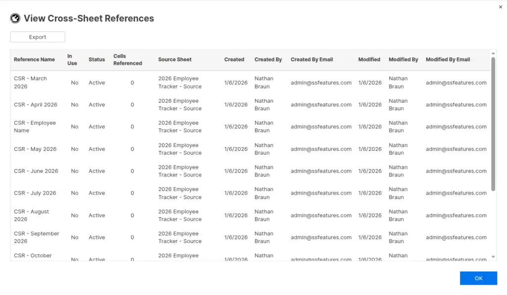 View Cross-Sheet References popup showing full reference details in a table