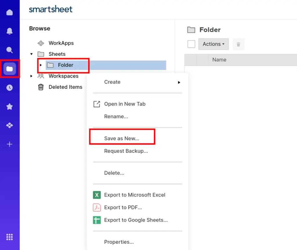 Duplicating a workspace or folder by clicking save as new