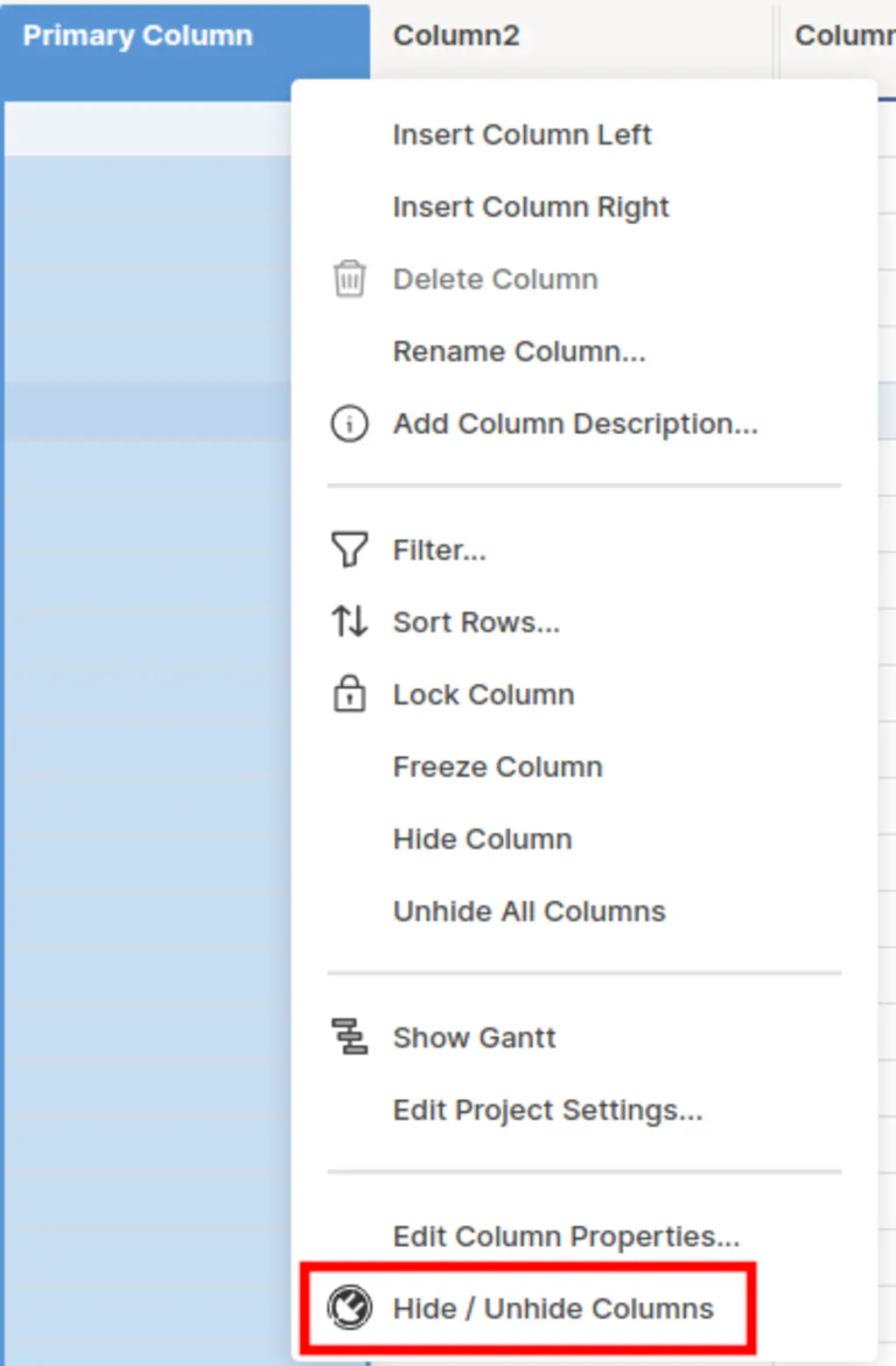 Button to open SSFeatures' hide and unhide column popup