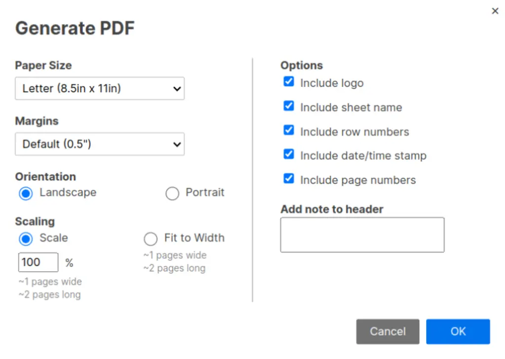 PDF customization settings