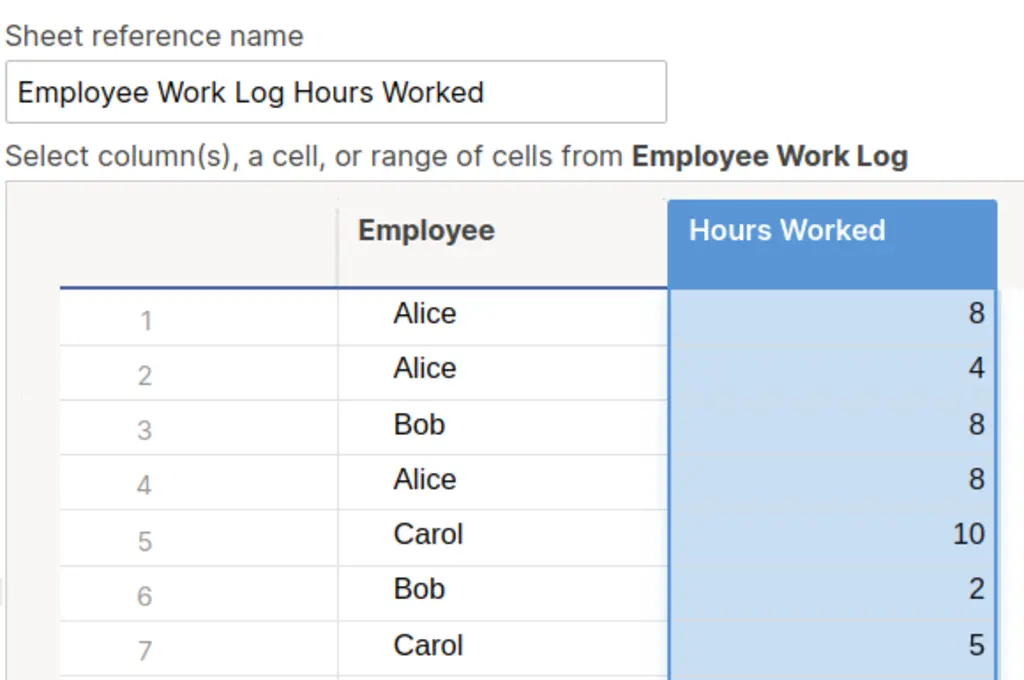 Adding a reference to hours worked in another sheet